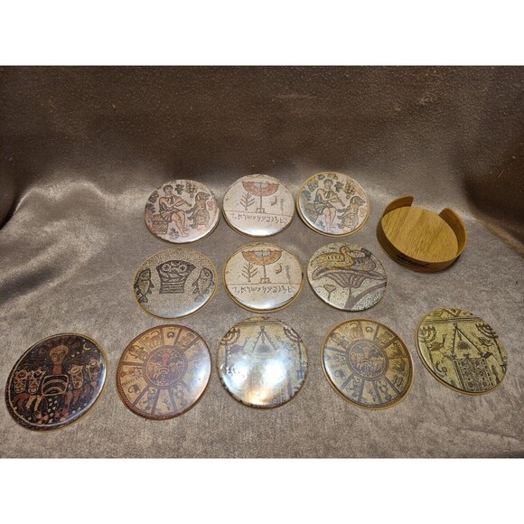 VTG RARE 1959 Vinyl Israel Souvenir Drink Coasters SET OF 11 3 1/2" - Picture 1 of 16